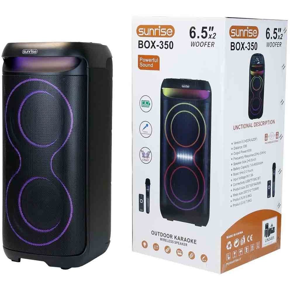 اسپیکر پارتی‌باکس Sunrise مدل BOX‑350 توان 60 وات با میکروفون و ریموت