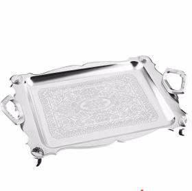 سینی استیل مستطیل بزرگ پایه دار طرح دار فریم سانا دسته حلقه نگین صدفی دیاکو کد 522/5P