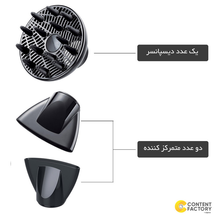 سشوار حرفهای 2300 وات رمینگتون مدل AC5999، موتور AC، وزن 1180 گرم، المنت سرامیک، دارای سری دیسپانسر، متمرکزکننده باریک، متمرکزکننده پهن با ویژگی حجمدهندگی، صافکنندگی، با قابلیت فناوری تولید یون، دسته ارگونومیک